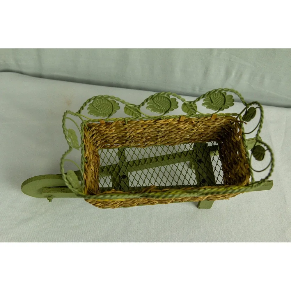 Vintage Style Wicker Wheelbarrow Planter Sunflower Metal Garden Decor Green